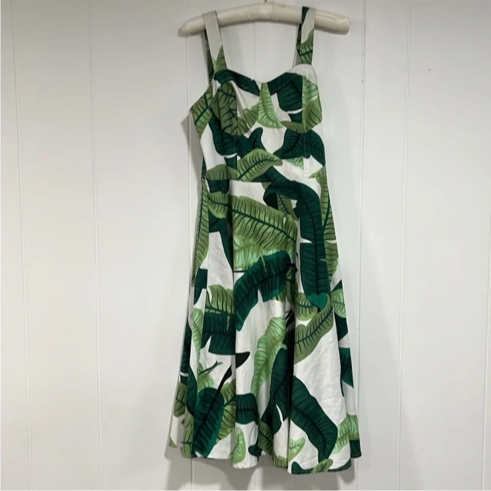 Belle Epoque Tropical Leaf Print Fit & Flare Size M Green White Summer Sundress - Picture 2 of 12
